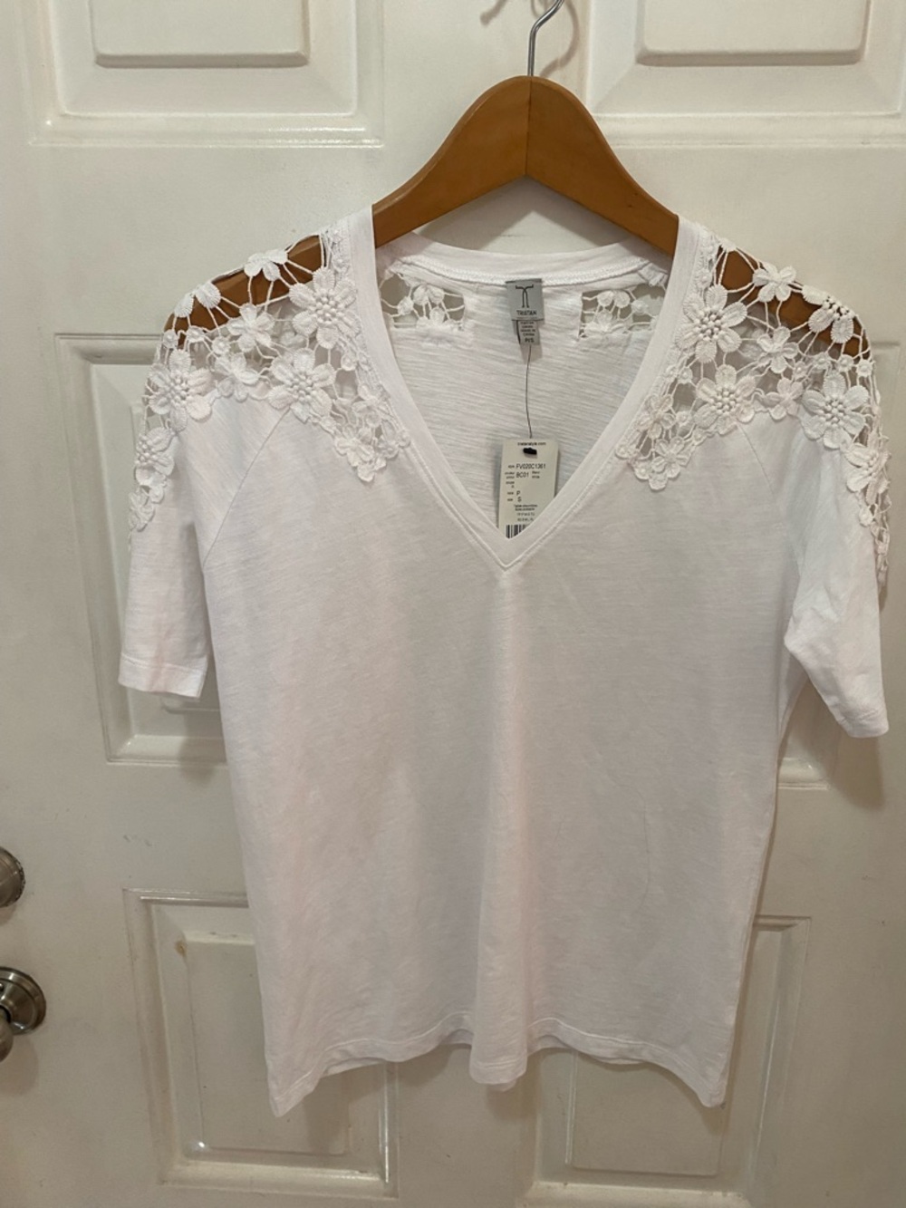 Tristan White V-Neck Tee with Floral Lace Shoulders Lightweight White Classic